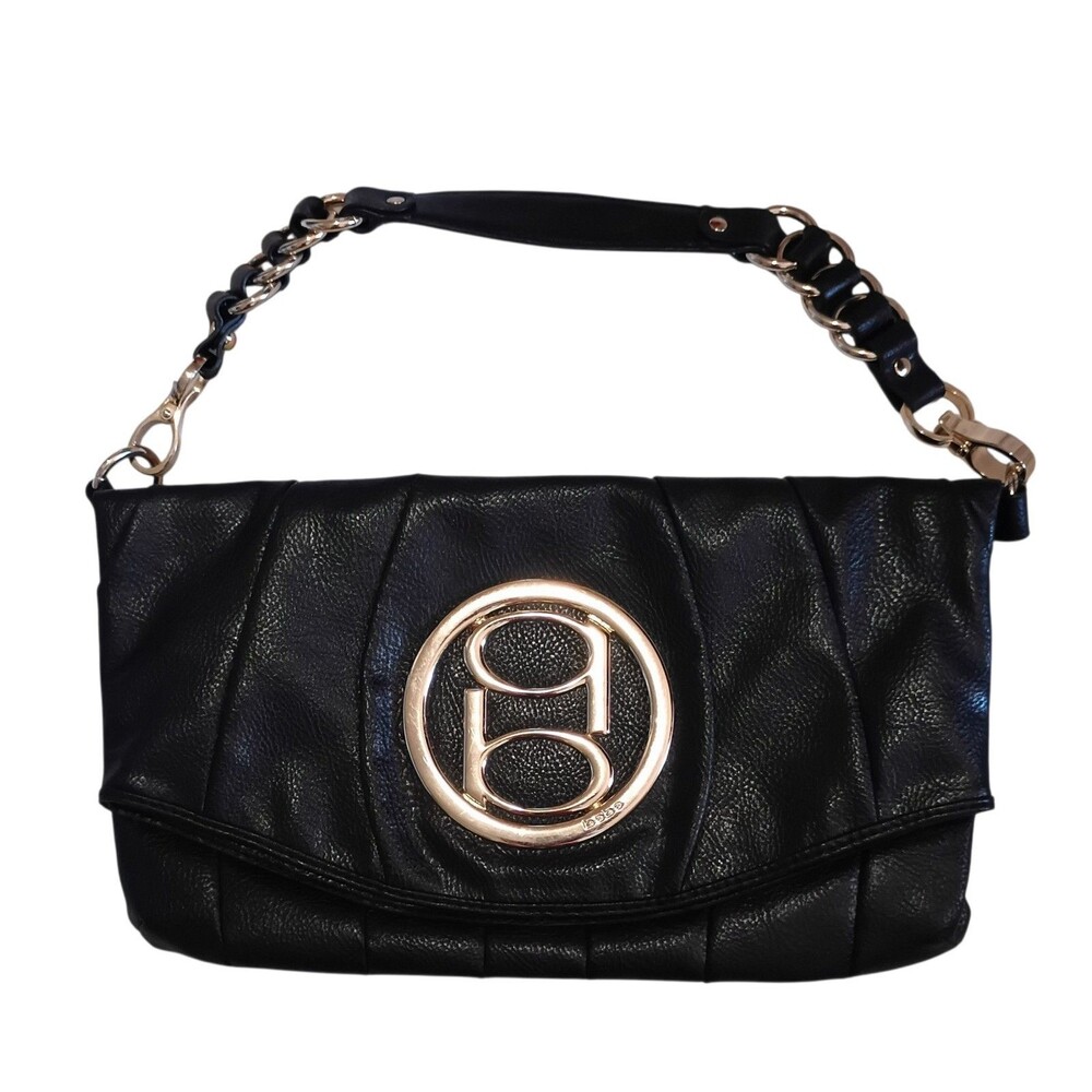 bebe Black Shoulder Purse with gold-tone logo buckle